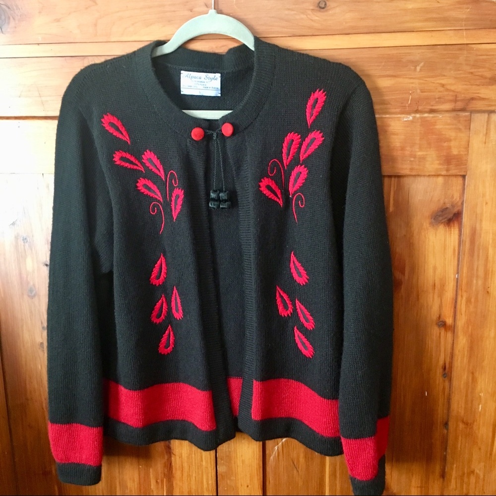 Navy And Red  Alpaca Cardigan With Tassel Tie